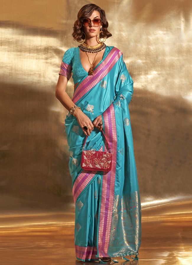 Satin Silk Sky Blue Festival Wear Weaving Saree